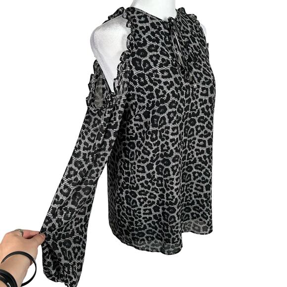 Michael Kors Leopard Print Cold Shoulder Long Sleeve Blouse Top Small Gray Black - Picture 1 of 3